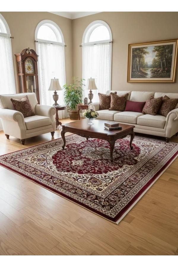 Asar Yün İpek H3846A Koyu Kırmızı Madalyonlu Halı 150x233