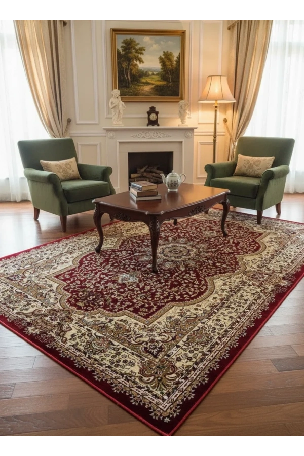 Asar Yün İpek H3528A Koyu Kırmızı Madalyonlu Halı 150x233