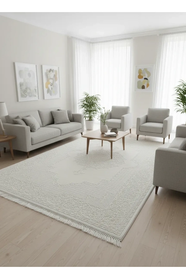 Sevimli AK172 Beyaz Kabartmalı Madalyonlu Halı 160x230