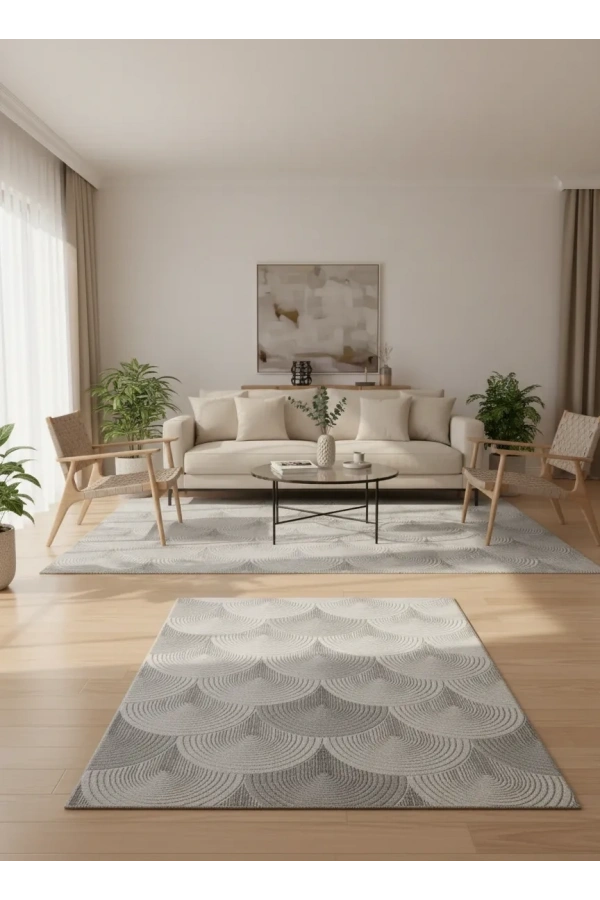 Sarar Lüx Krem Gri Yelpaze Kabartmalı Halı