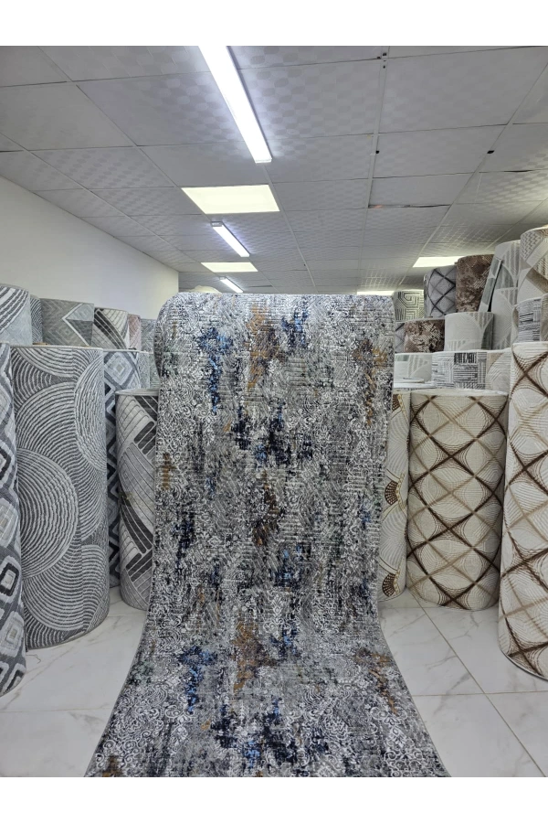 Sarar Lüx Gri Mavi Soyut Eskitme Halı