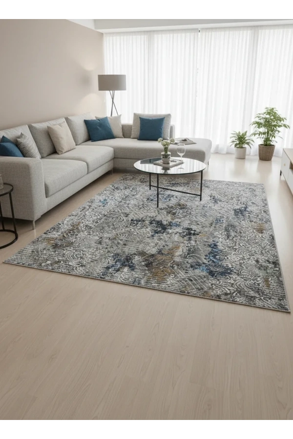 Sarar Lüx Gri Mavi Soyut Eskitme Halı