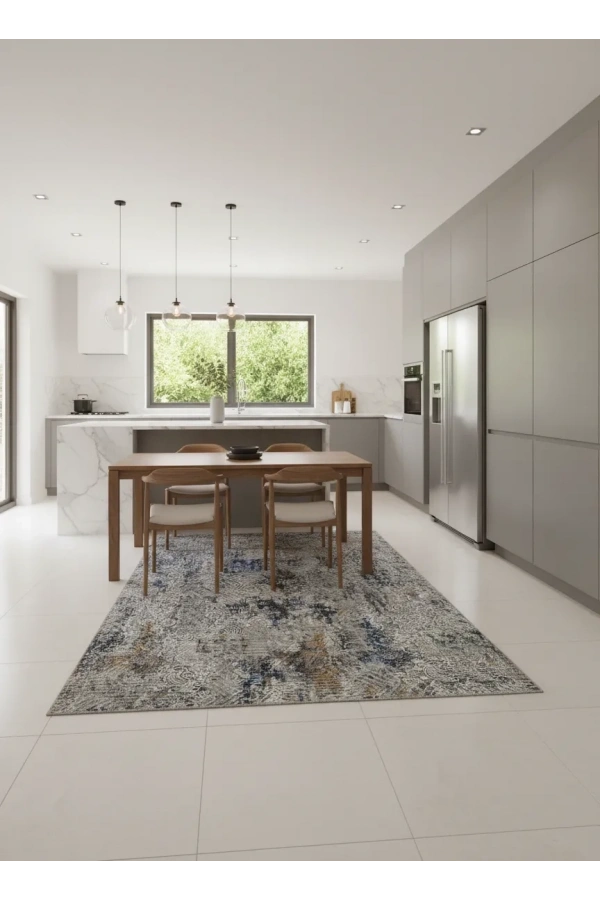 Sarar Lüx Gri Mavi Soyut Eskitme Halı