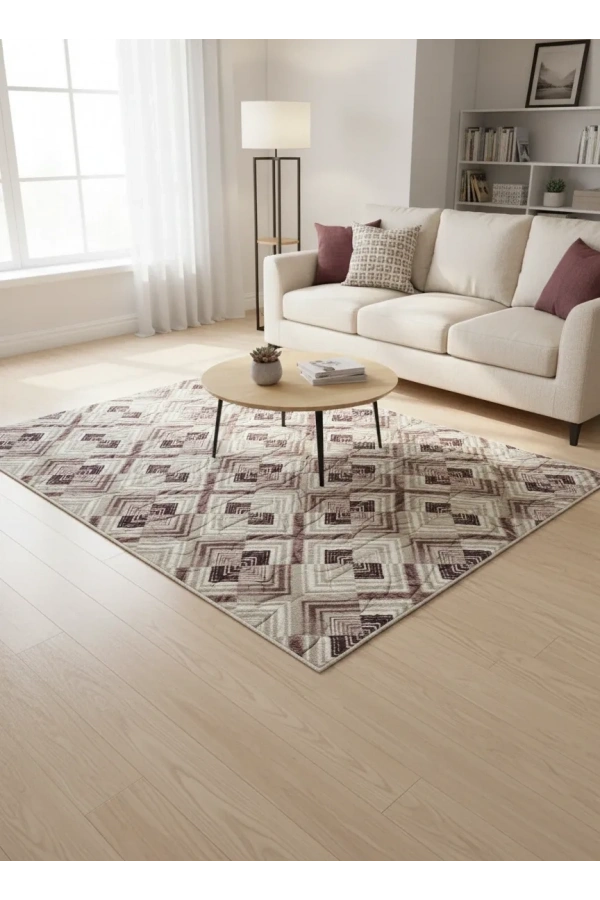 Aksu Krem Geometrik Elmas Çizgili Halı