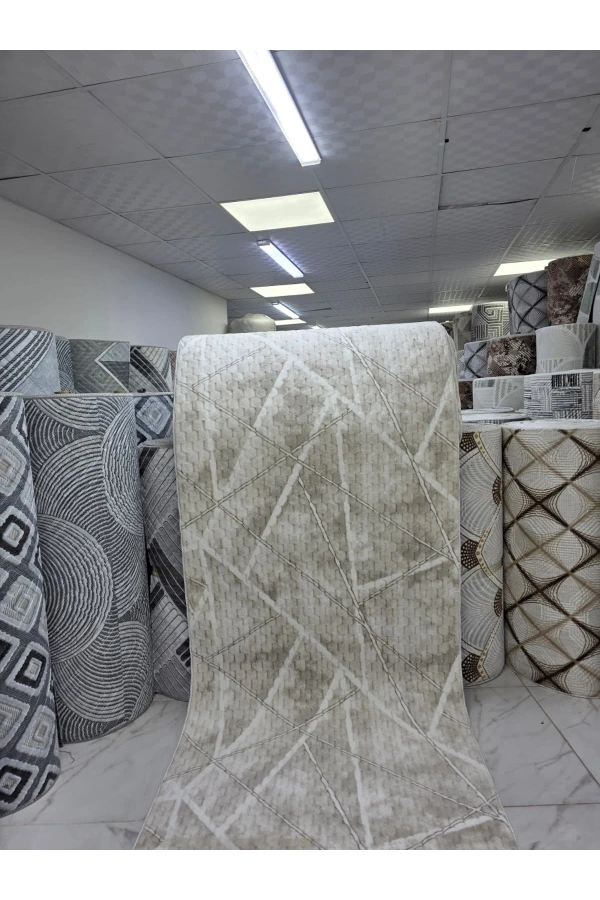 Aksu Krem Bej Çizgisel Eskitme Halı