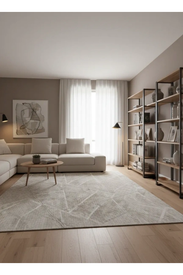 Aksu Krem Bej Çizgisel Eskitme Halı