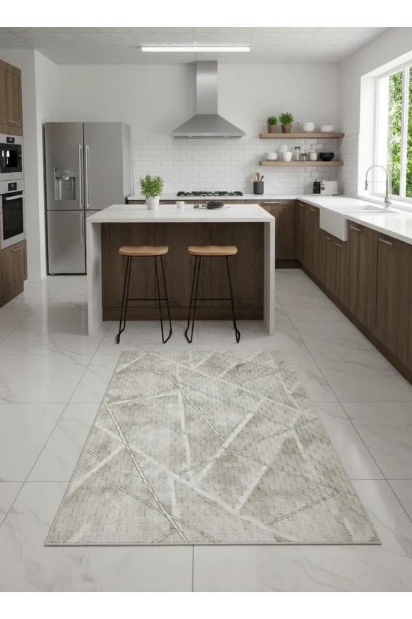 Aksu Krem Bej Çizgisel Eskitme Halı