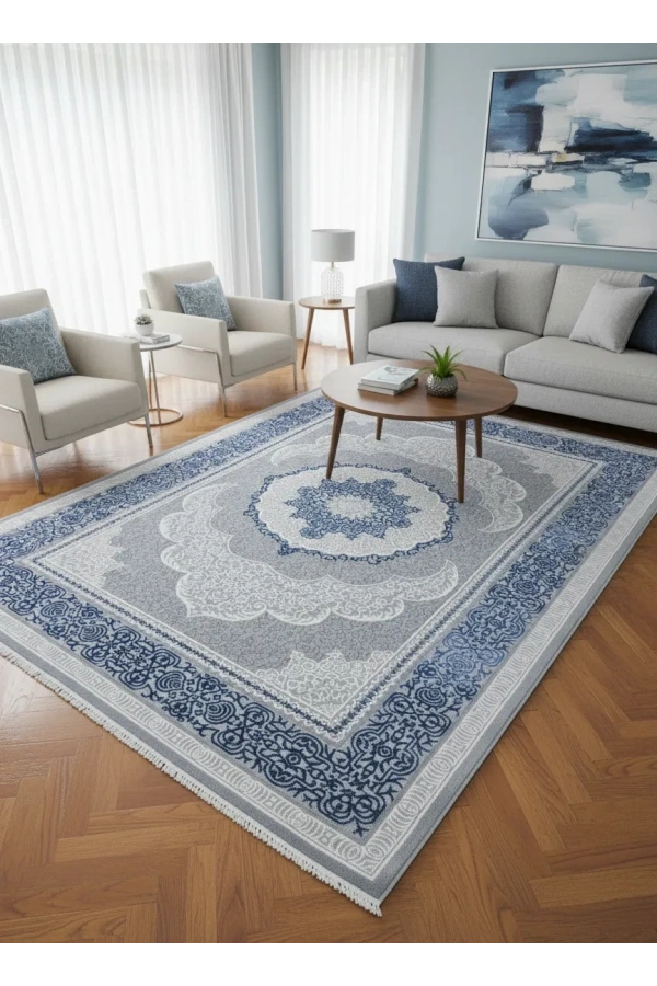 Sevimli Soft AK106 Açık Gri Mavi Çiçekli Floş Halı 200x290