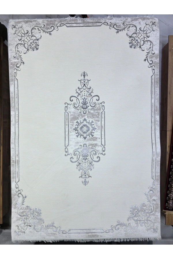 Sevimli Soft Platinum AK085 Beyaz Gri Çiçekli Floş Halı 200x290