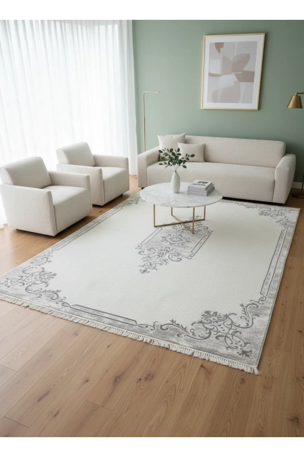 Sevimli Soft Platinum AK085 Beyaz Gri Çiçekli Floş Halı 200x290