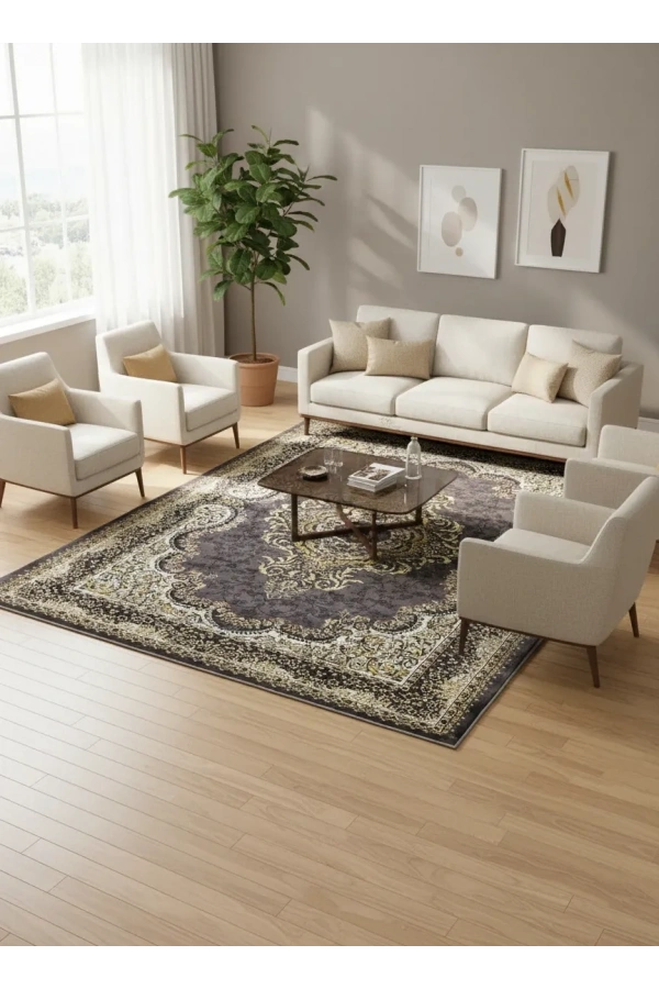 Hereke Classic 7563F Koyu Gri Altın Gold Madalyonlu Halı 200x290