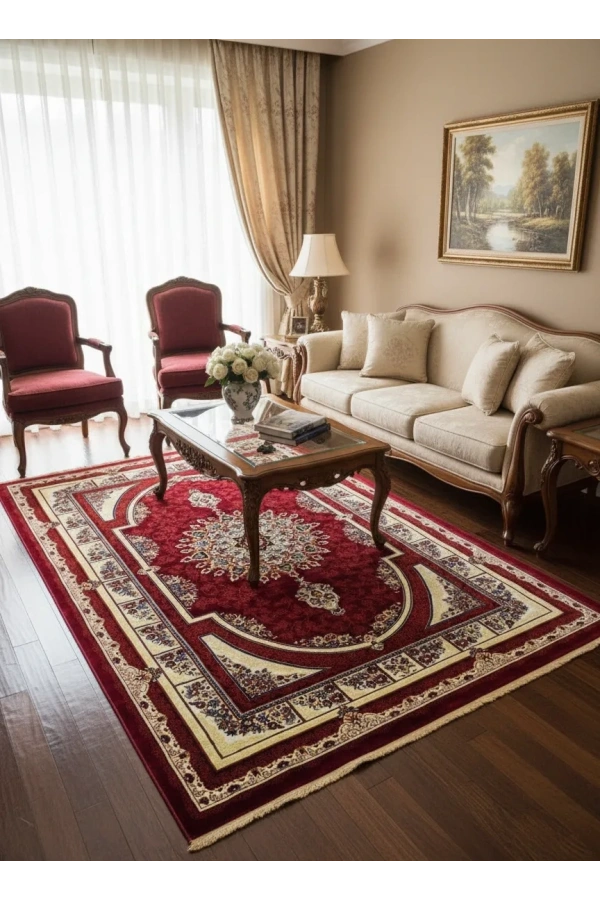 Hereke Classic 7381E Kırmızı Krem Mihrap Desenli Klasik Halı 200x290