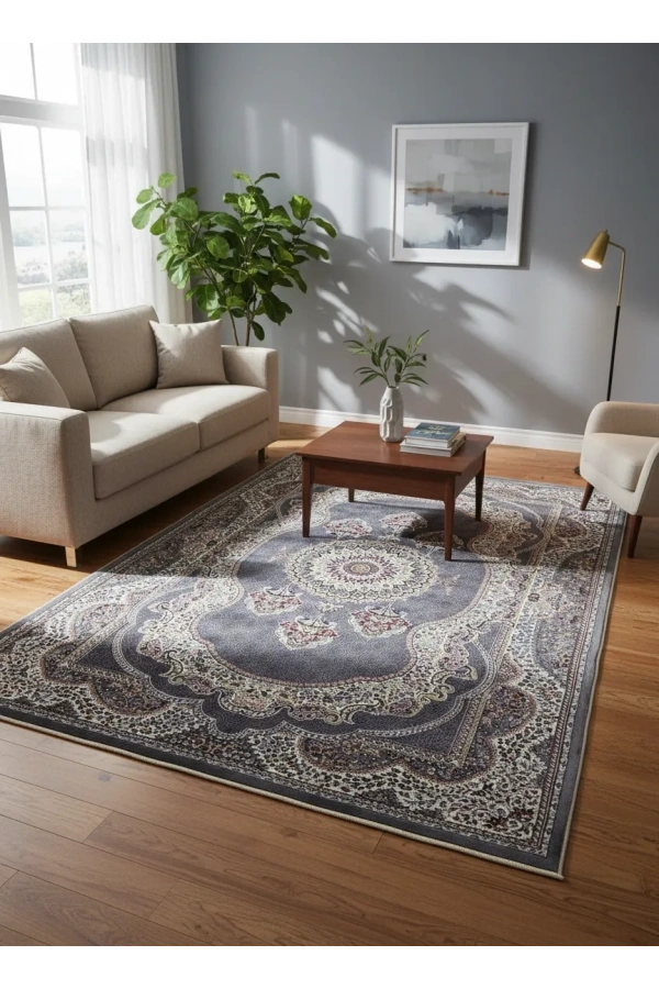 Hereke Classic 3970L Koyu Gri Krem Madalyonlu Klasik Halı 200x290