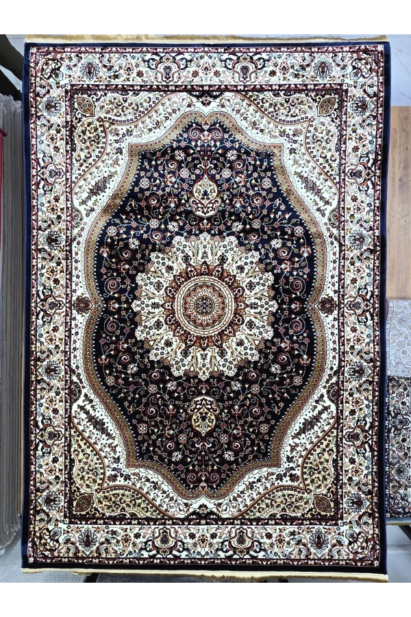 Asar Yün İpek H4158G Lacivert Madalyonlu Klasik Halı 200x290