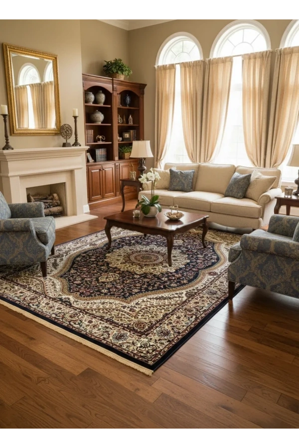 Asar Yün İpek H4158G Lacivert Madalyonlu Klasik Halı 200x290