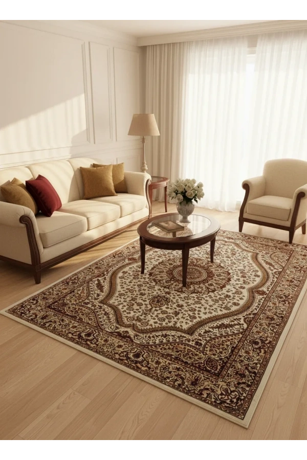 Asar Yün İpek H4158A Krem Madalyonlu Klasik Halı 200x290