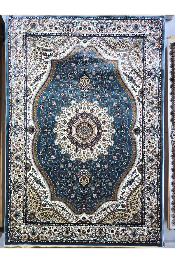 Asar Yün İpek H4158A Mavi Madalyonlu Klasik Halı 200x290