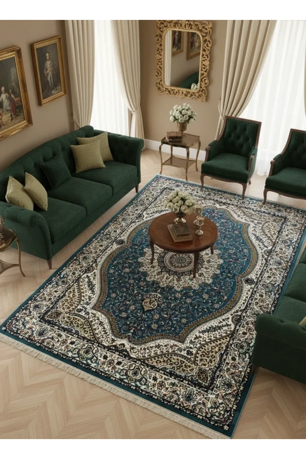 Asar Yün İpek H4158A Mavi Madalyonlu Klasik Halı 200x290