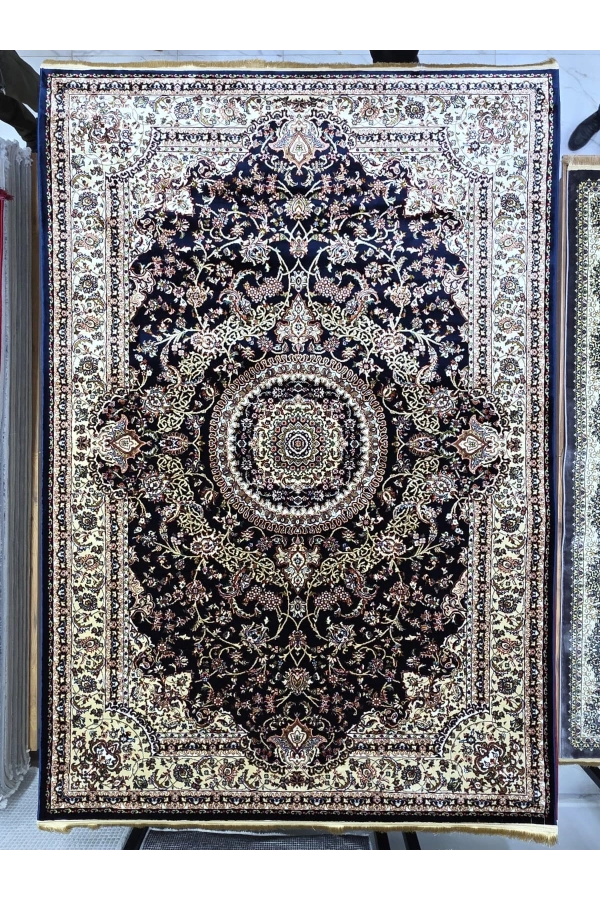 Asar Yün İpek H4095A Lacivert Madalyonlu Klasik Halı 200x290