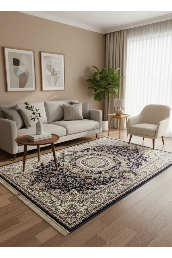 Asar Yün İpek H4095A Lacivert Madalyonlu Klasik Halı 200x290