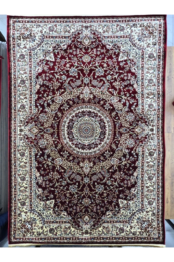 Asar Yün İpek H4095A Koyu Kırmızı Madalyonlu Klasik Halı 200x290