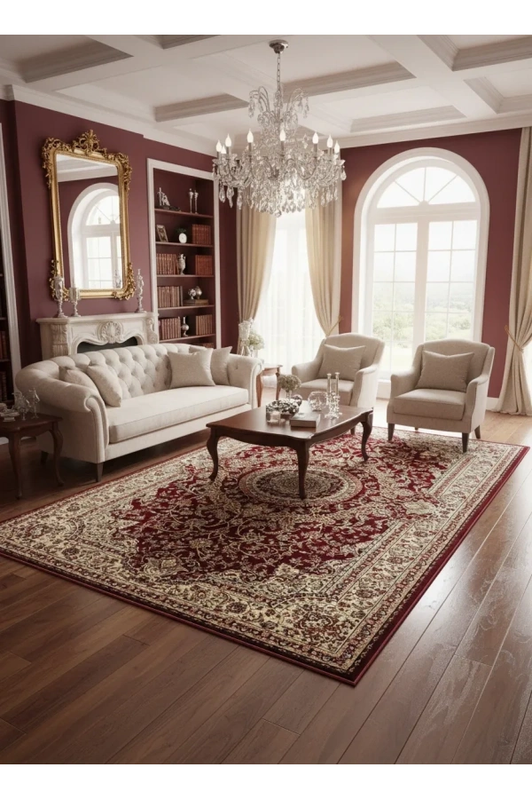 Asar Yün İpek H4095A Koyu Kırmızı Madalyonlu Klasik Halı 200x290