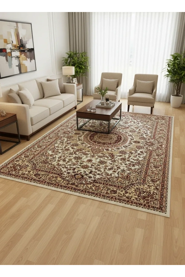 Asar Yün İpek H4095A Krem Madalyonlu Klasik Halı 200x290