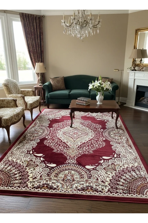 Asar Yün İpek H4015A Koyu Kırmızı Bahçe Bölmeli Klasik Halı 200x290