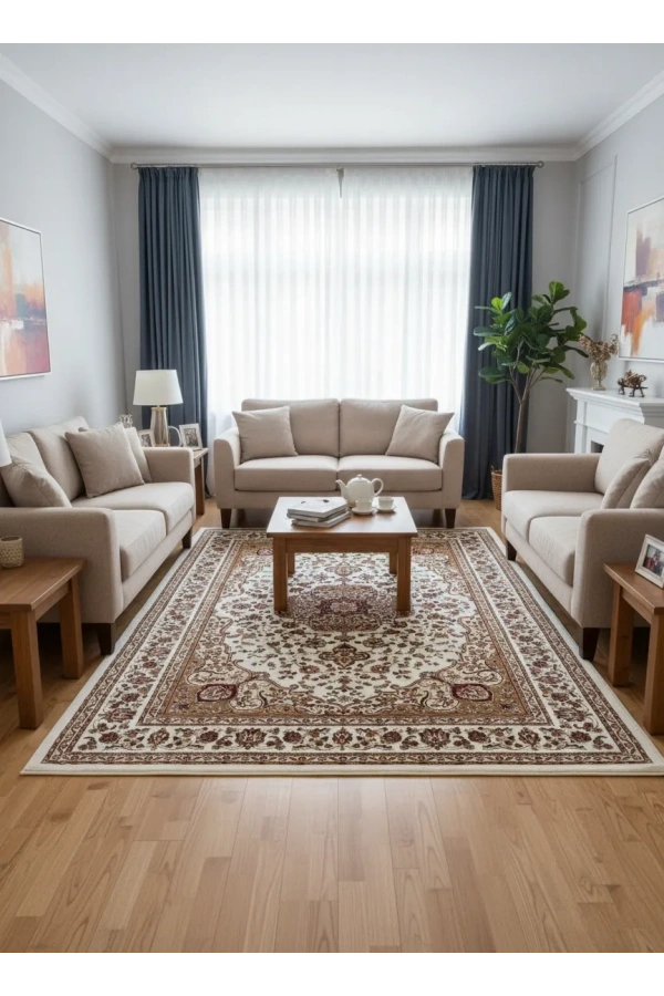 Asar Yün İpek H3846A Krem Madalyonlu Klasik Halı 200x290