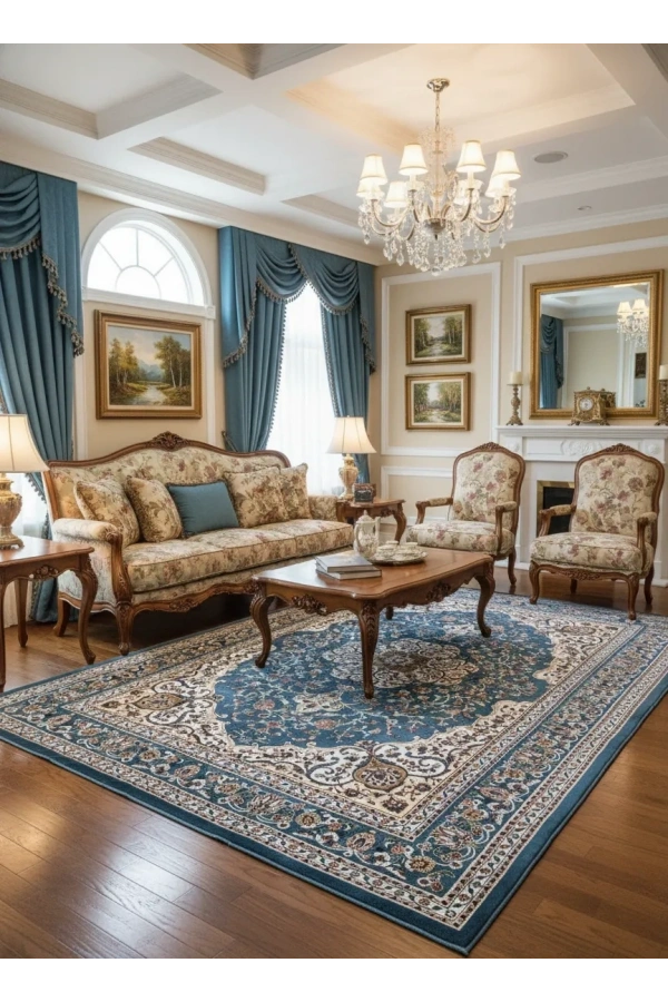 Asar Yün İpek H3846A Mavi Madalyonlu Klasik Halı 200x290