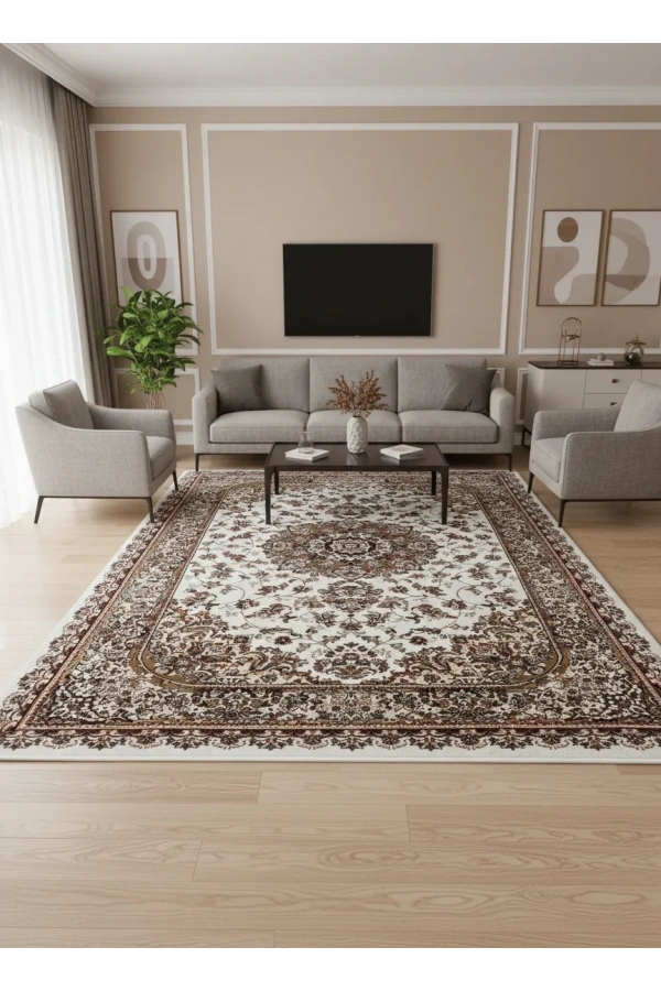Asar Yün İpek H3809A Krem Klasik Madalyonlu Halı 200x290