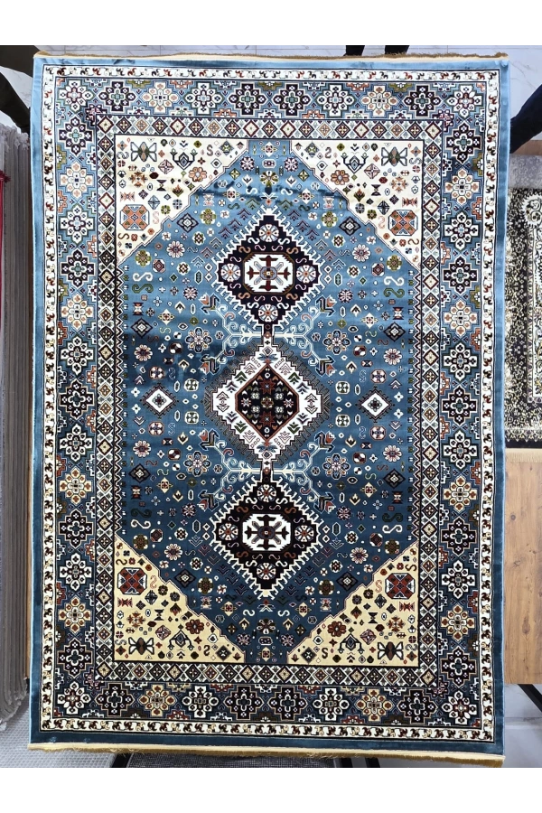 Asar Yün İpek H4320A Mavi Kazak Desenli Klasik Halı 200x290