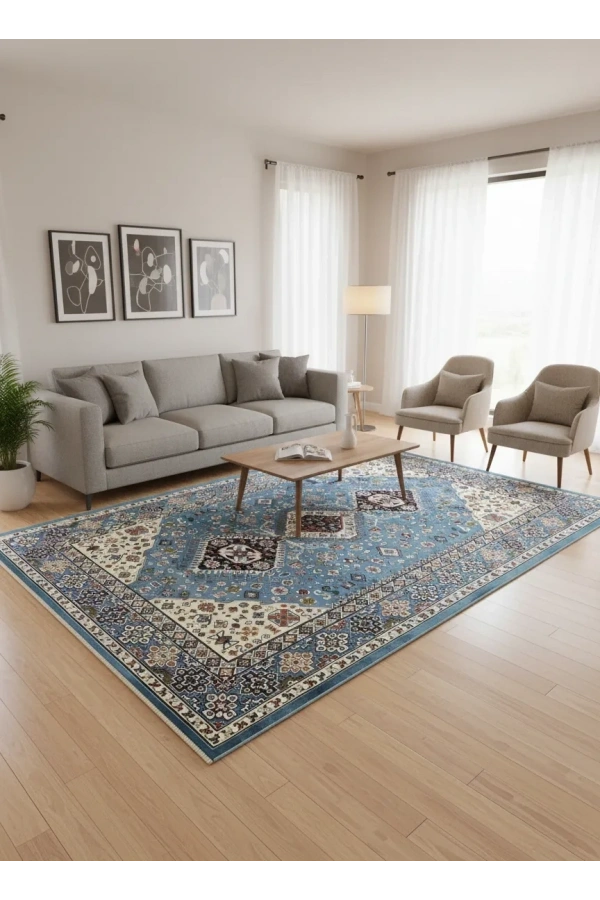 Asar Yün İpek H4320A Mavi Kazak Desenli Klasik Halı 200x290