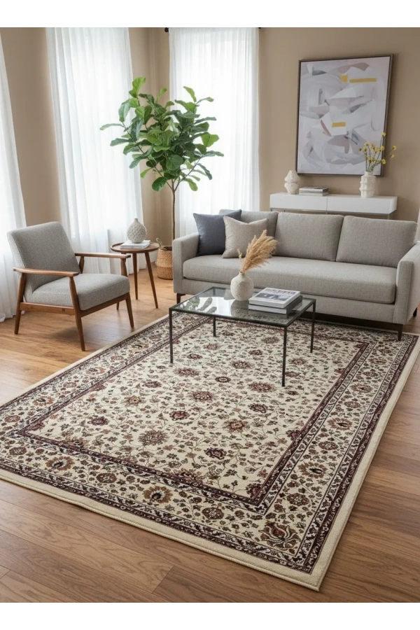 Asar Yün İpek H5500A Bej Çiçekli Klasik Halı 200x290