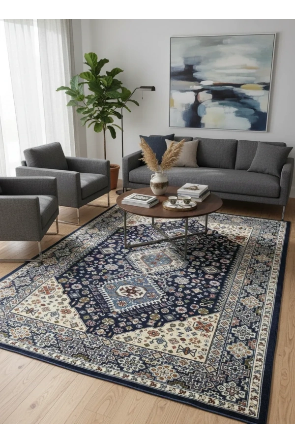 Asar Yün İpek H4320A Lacivert Klasik Halı 200x290