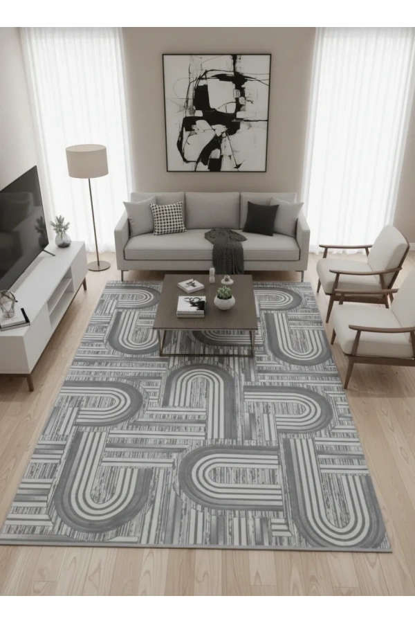 Veseo Armoni 40103A Açık Gri Halı 200x290 | Kavisli Labirent Gri Modern Halı