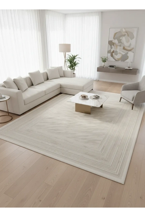 Veseo Armoni 40047A Krem Halı 200x290 | Çerçeveli Dalga Doku Krem Halı