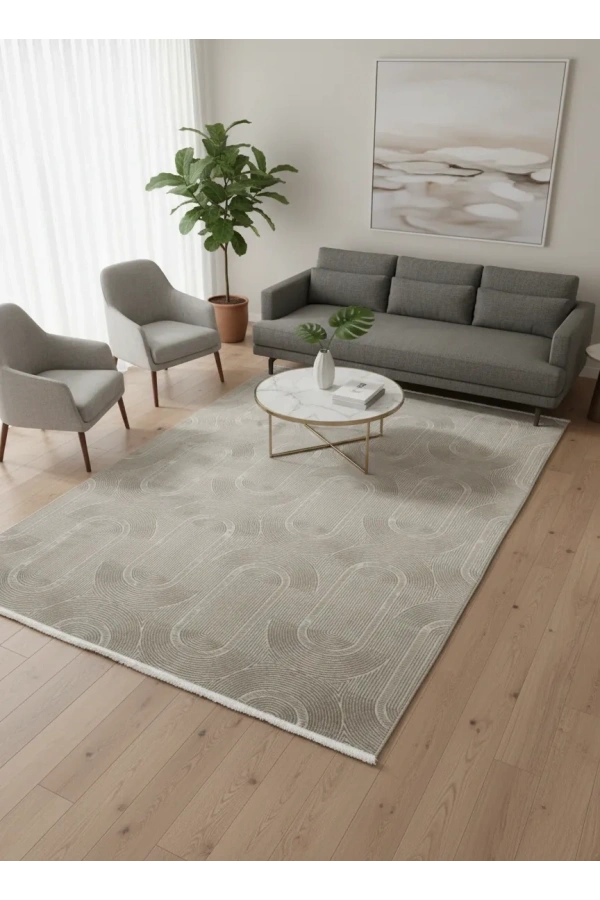 Veseo Armoni 40194B Krem Açık Bej Halı 200x290 | Oval Yiv Bej Krem Halı