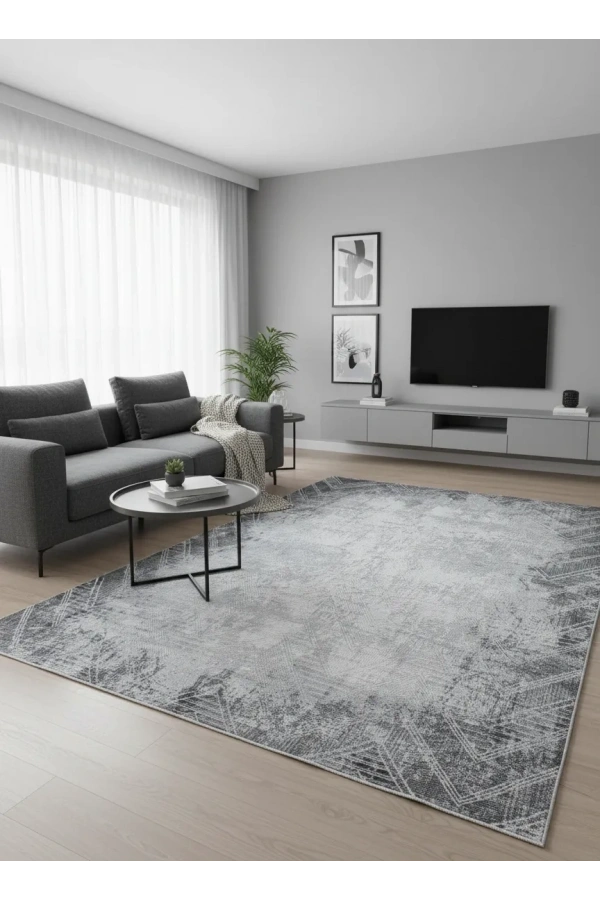 Stil 07151A Antrasit Halı 200x290 | Şevron Geometrik Koyu Gri Halı