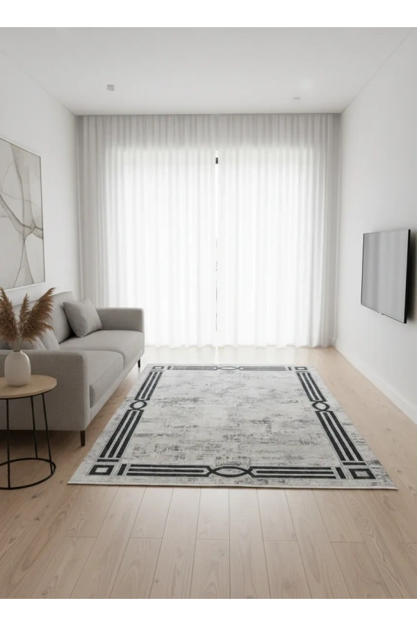 Stil 06322A Mavi Halı 200x290 | Lacivert Oval Çerçeveli Eskitme Halı