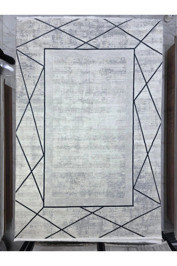 Stil 06318B Mavi Halı 200x290 | Çapraz Geometrik Lacivert Çerçeveli Halı