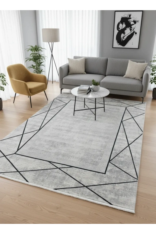 Stil 06318B Mavi Halı 200x290 | Çapraz Geometrik Lacivert Çerçeveli Halı