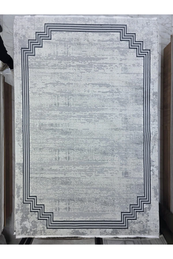 Stil 06304A Mavi Halı 200x290 | Geometrik Çerçeveli Eskitme Halı