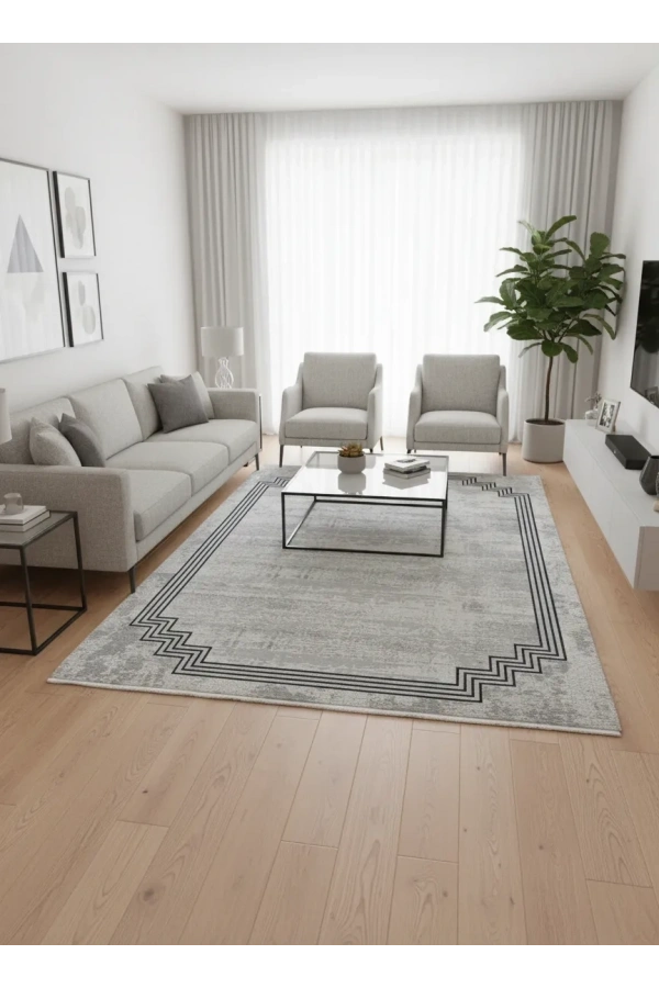 Stil 06304A Mavi Halı 200x290 | Geometrik Çerçeveli Eskitme Halı