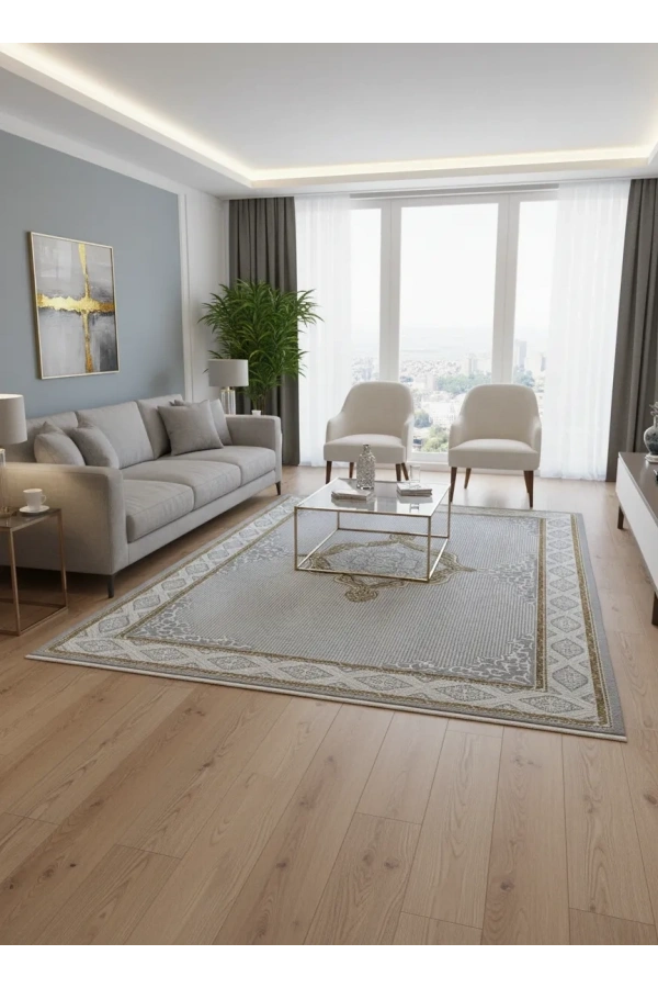 Stil 05779A Sarı Açık Bej Halı 200x290 | Klasik Madalyon Ortülü Halı