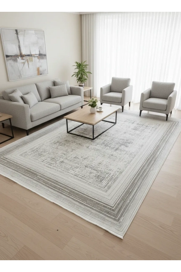 Stil 02154F Vizon Halı 200x290 | Vintage Çerçeveli Eskitme Desenli Halı