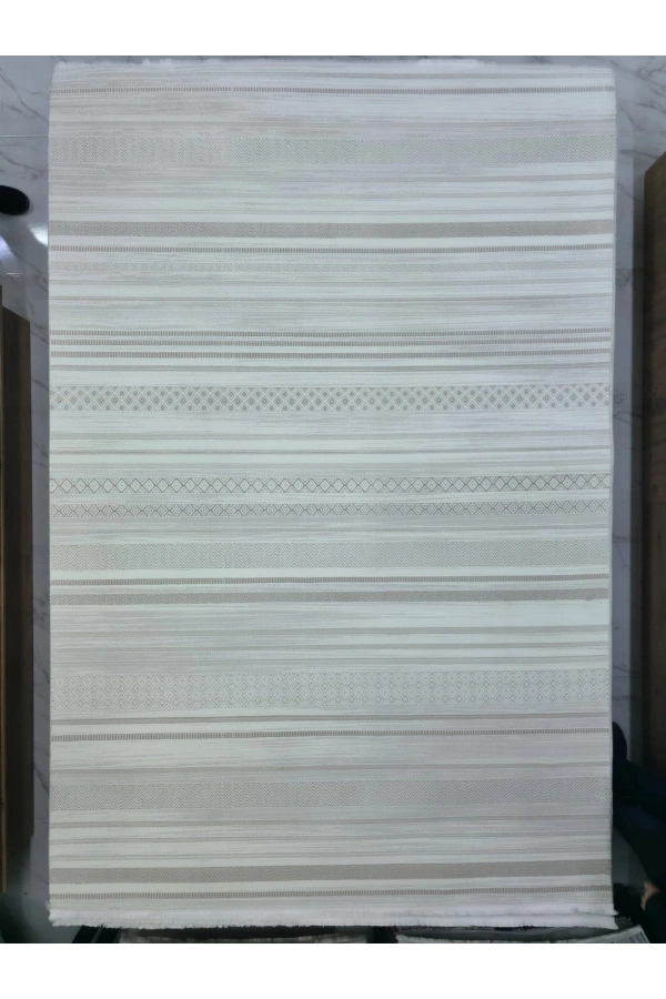 Stil 80265C Bej Halı 200x290 | Şeritli Etnik Bordürlü Modern Halı