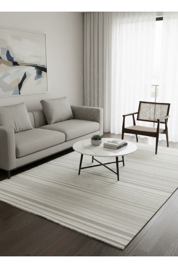 Stil 80265C Bej Halı 200x290 | Şeritli Etnik Bordürlü Modern Halı