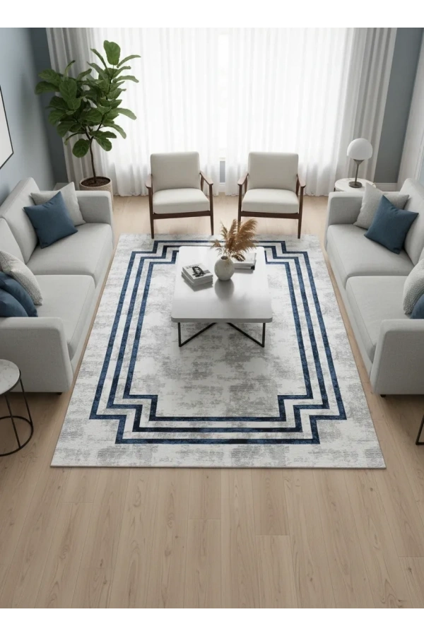 Çapan Armoni H5598B Lacivert Beyaz Bordürlü Halı 200x290