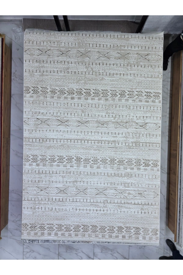 Asar Yün Moda H7032 Bej Şerit Çizgili Bohem Halı 200x290